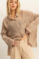 Taupe Roll Up Sleeve Button-Up Oversized Shirt