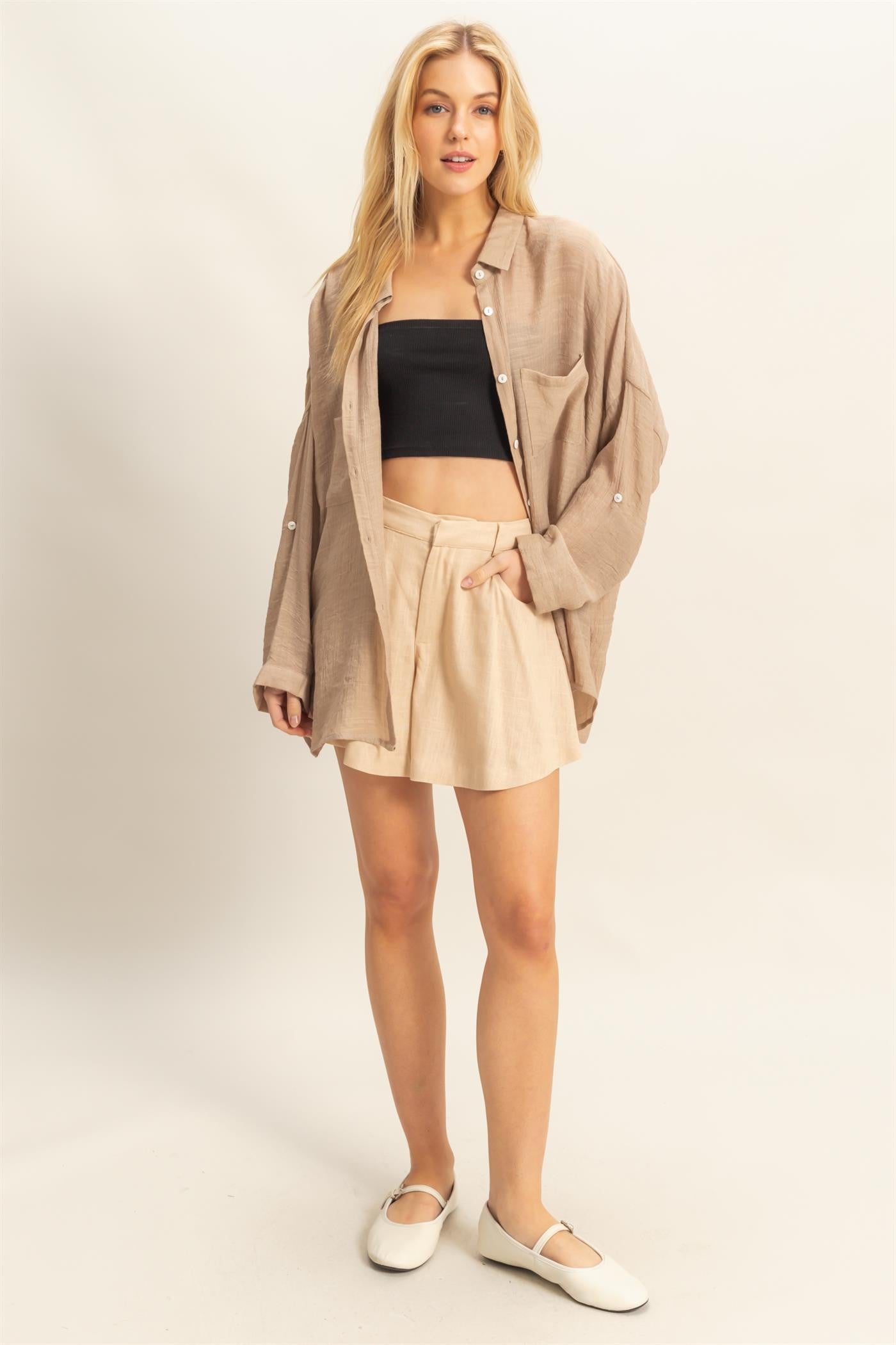 Taupe Roll Up Sleeve Button-Up Oversized Shirt