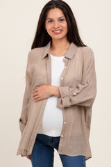 Taupe Roll Up Sleeve Button-Up Oversized Maternity Shirt