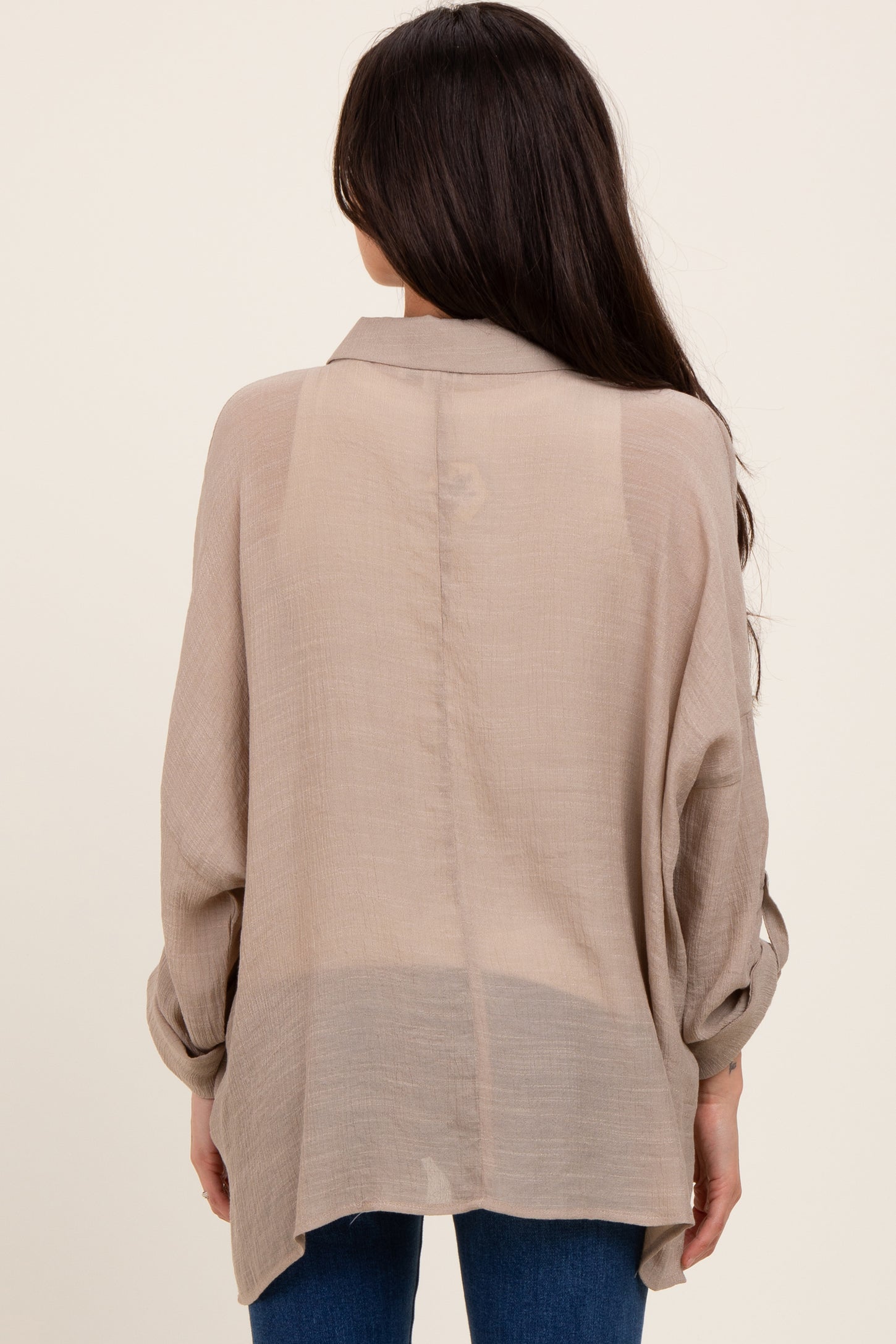 Taupe Roll Up Sleeve Button-Up Oversized Maternity Shirt