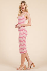 Pink/Cream Stripped Ribbed Fitted Sleeveless Dress