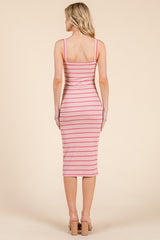 Pink/Cream Stripped Ribbed Fitted Sleeveless Dress