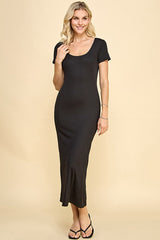 Black Double Layered Ribbed Scoop Neck Maxi Dress