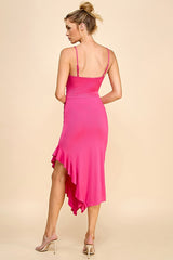 Fuchsia Ruched Ruffle Detail Sleeveless Midi Dress