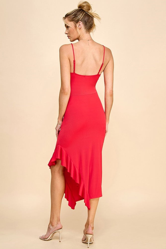Red Ruched Ruffle Detail Sleeveless Midi Dress