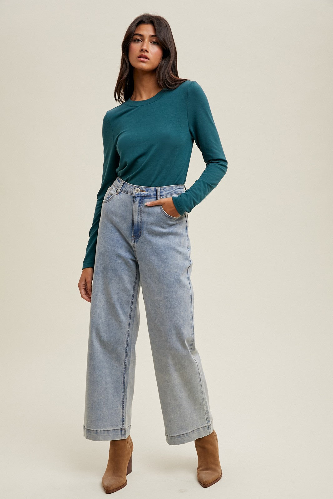 Deep Teal Basic Fitted Long Sleeve Top