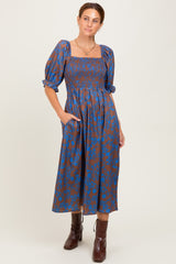 Blue Floral Smocked Puff Sleeve Midi Dress