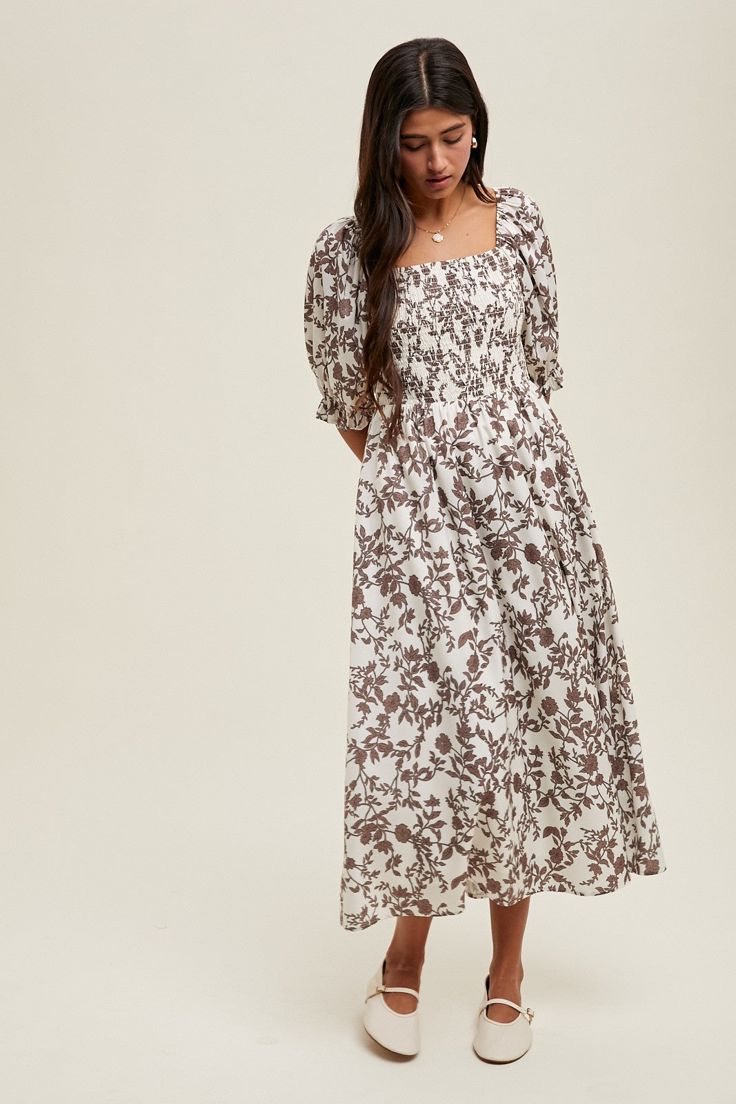 floral smocked puff sleeve midi dress Brown Floral Smocked Puff Sleeve Midi Dress