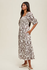 Brown Floral Smocked Puff Sleeve Midi Dress