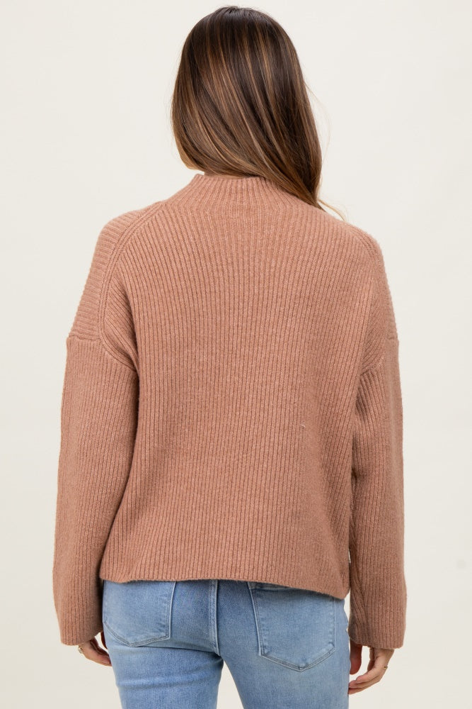 Mocha High Neck Ribbed Knit Maternity Sweater