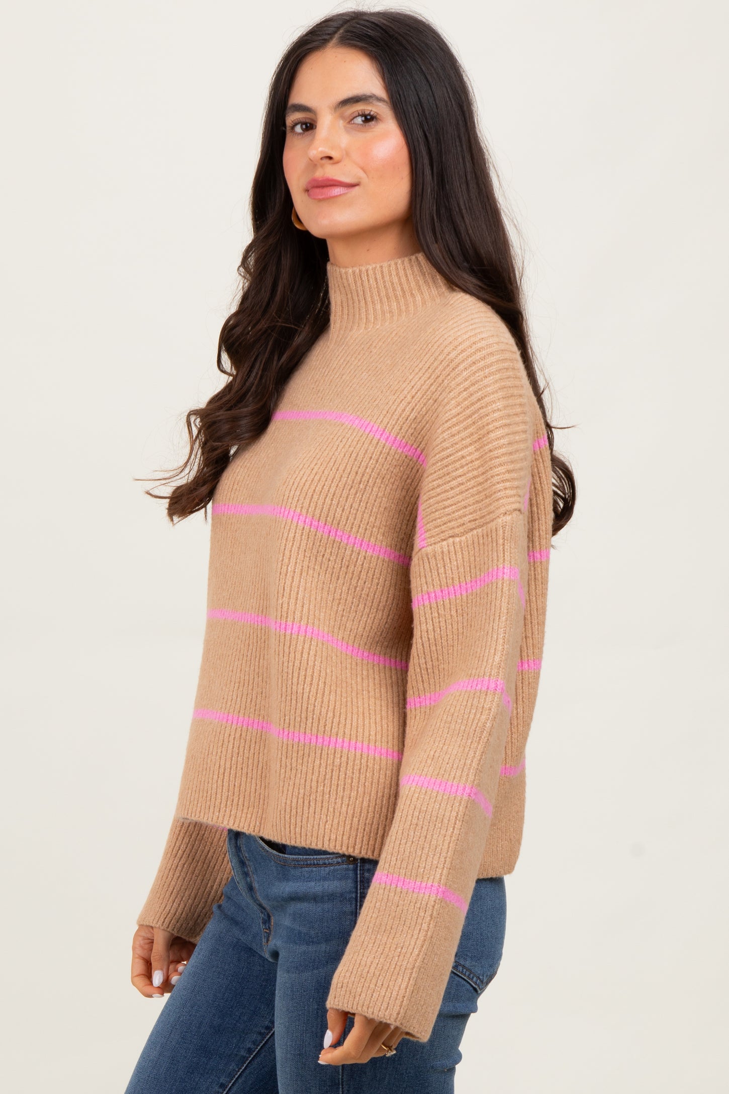 Taupe High Neck Ribbed Knit Sweater