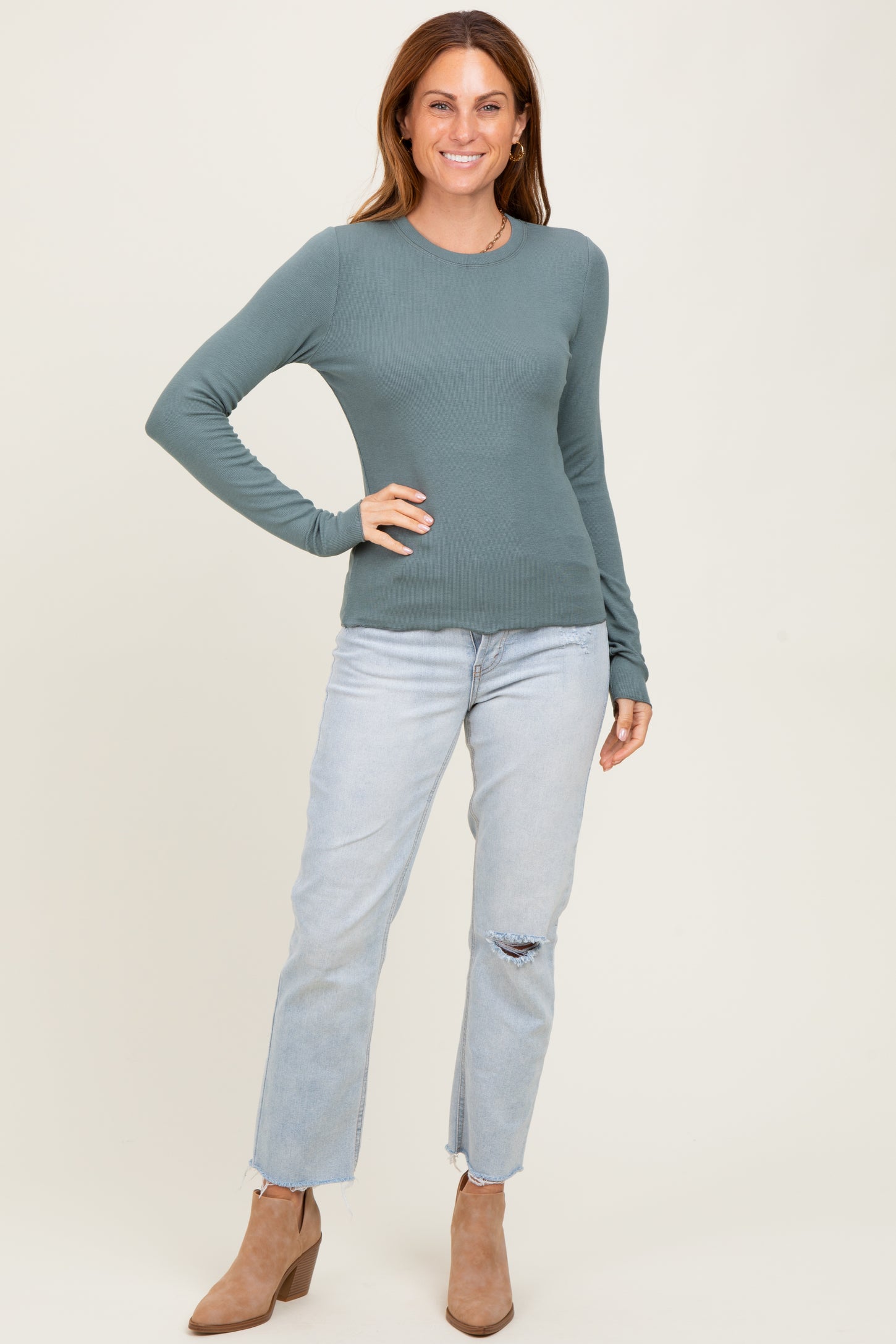 Deep Teal Basic Ribbed Knit Long Sleeve Top