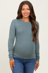Deep Teal Basic Ribbed Knit Long Sleeve Maternity Top