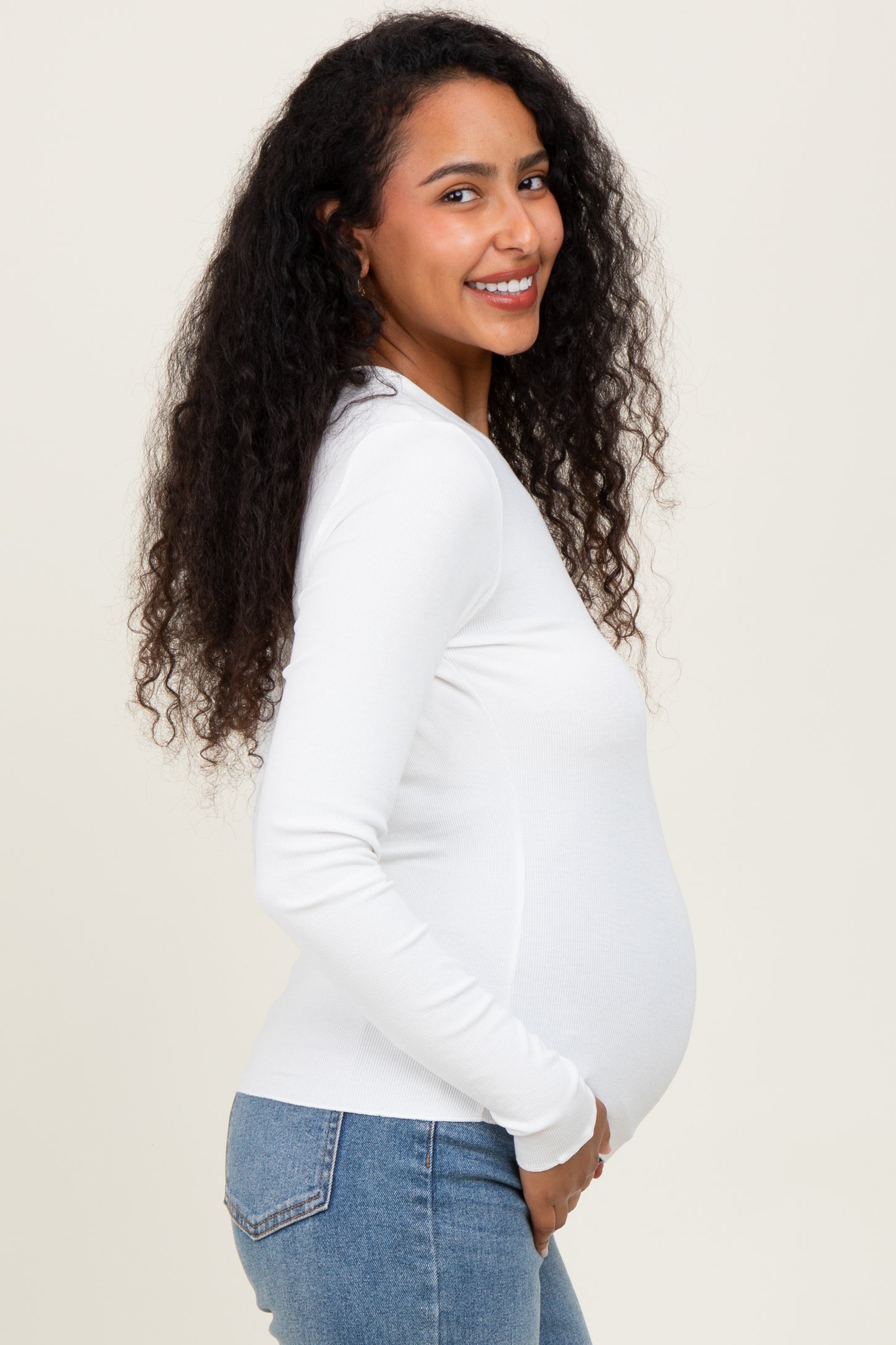 White Basic Ribbed Knit Long Sleeve Maternity Top