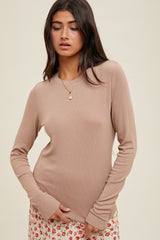 Light Taupe Basic Ribbed Knit Long Sleeve Maternity Top