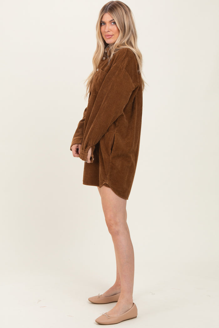 Camel Corduroy Shirt Mini Dress