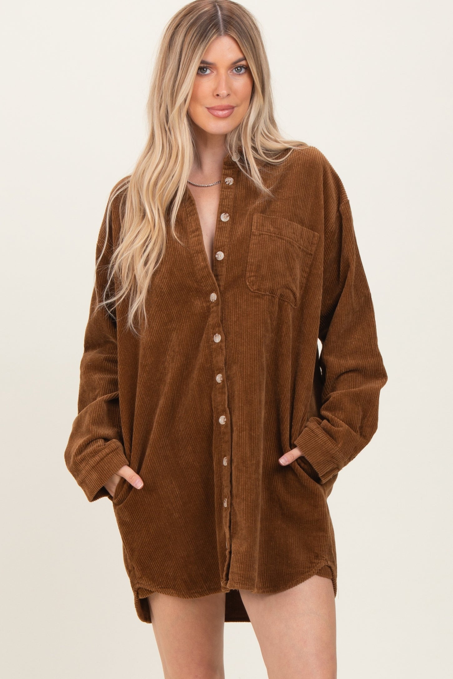 Camel Corduroy Shirt Mini Dress