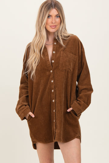 Camel Corduroy Shirt Mini Dress