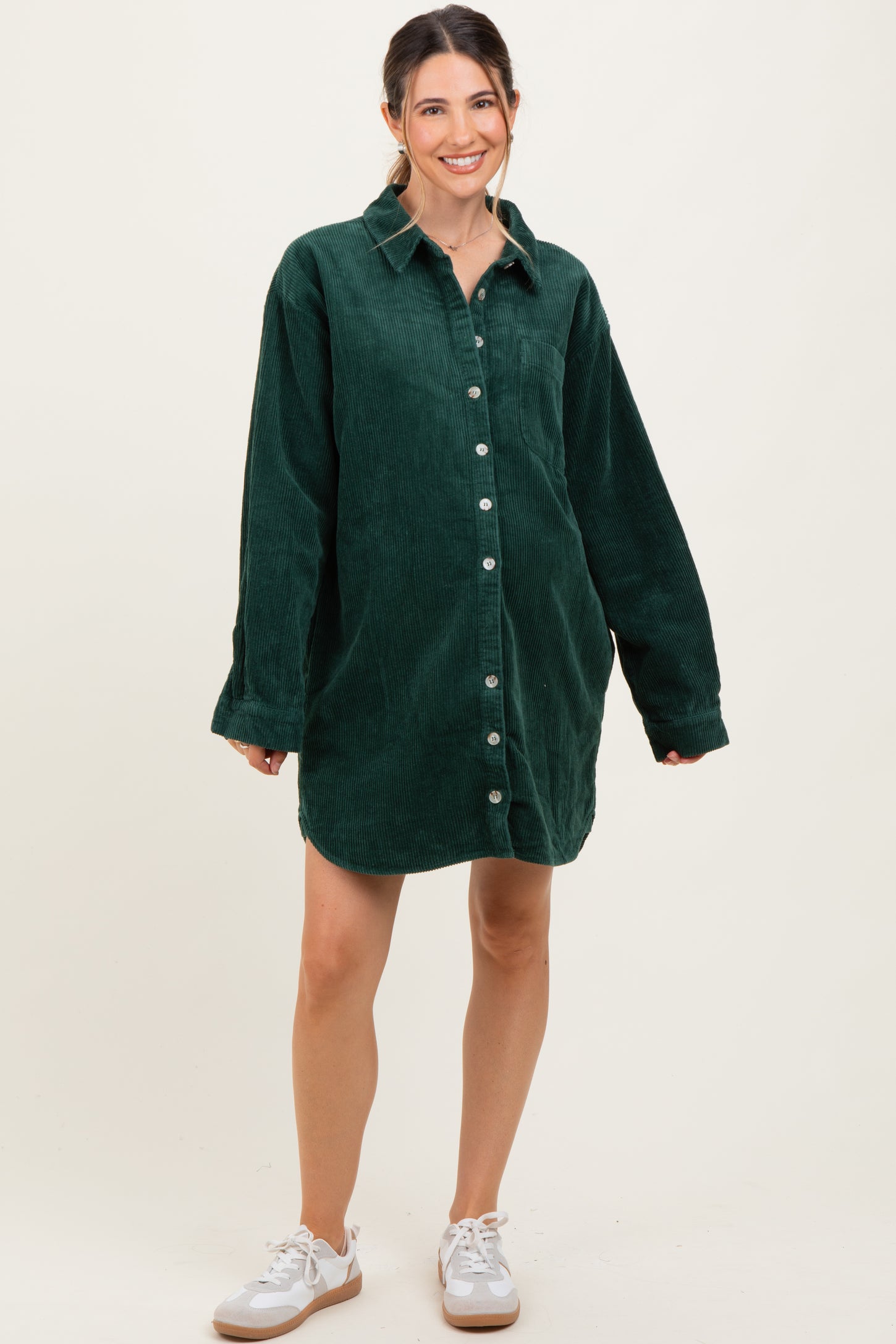 Forest Green Corduroy Maternity Shirt Mini Dress