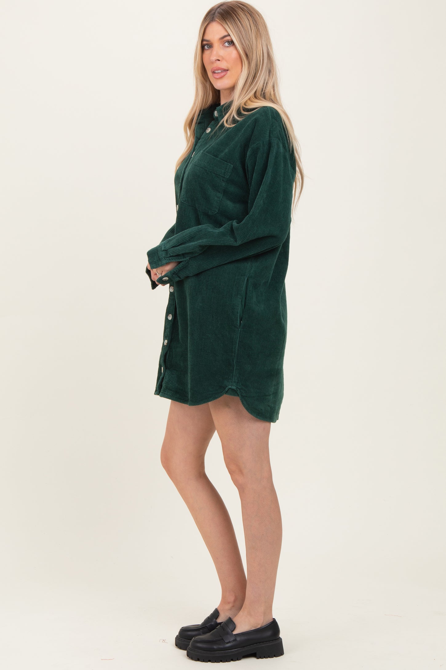Forest Green Corduroy Shirt Mini Dress