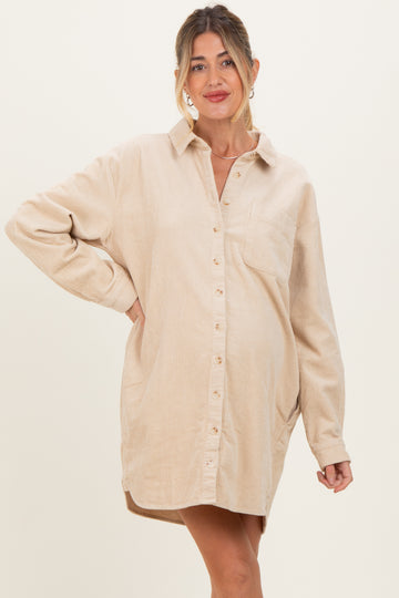 woman wearing a beige corduroy maternity shirt dress with a collar and button-down front, showing her baby bump