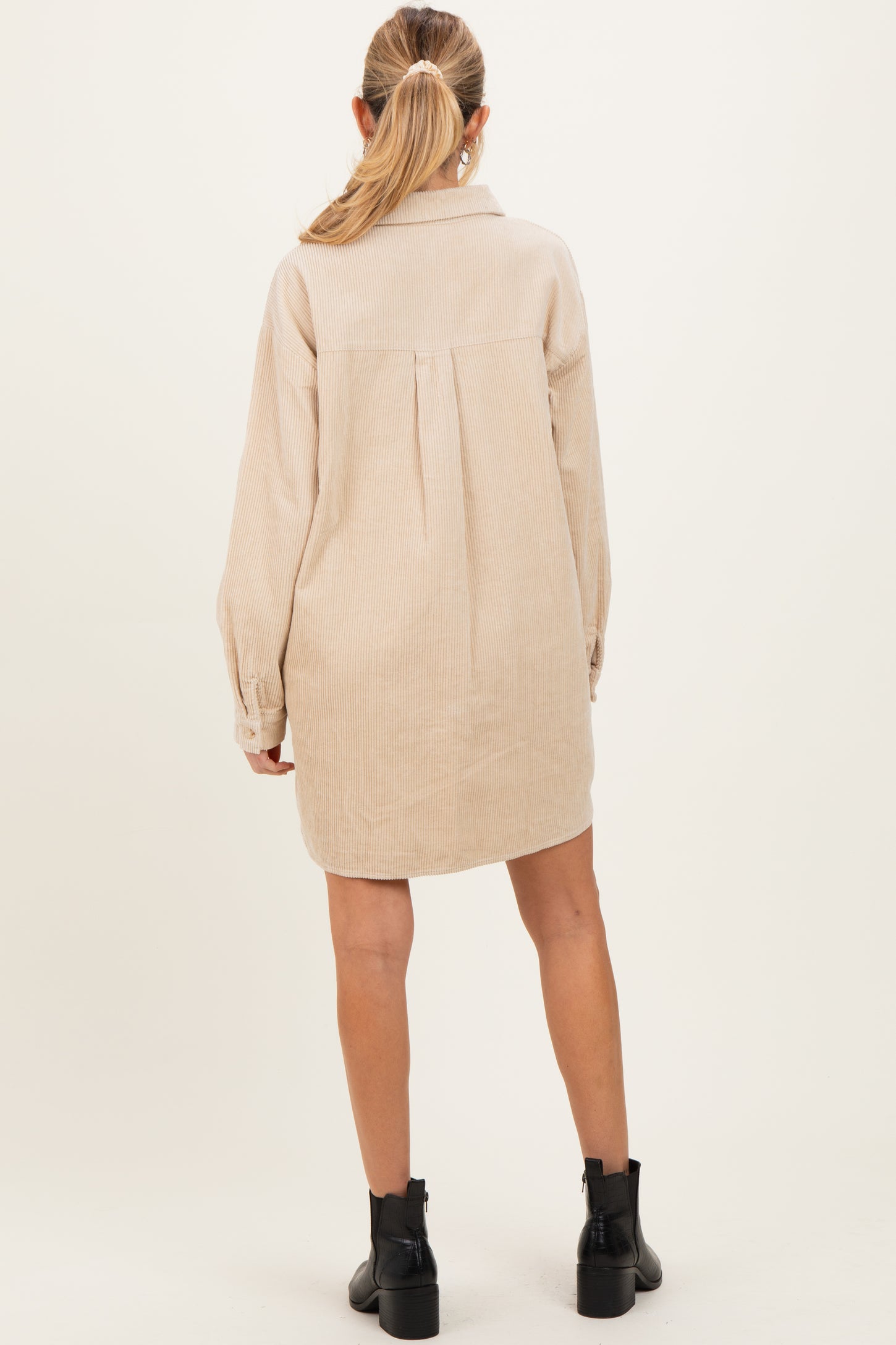 Beige Corduroy Maternity Shirt Mini Dress