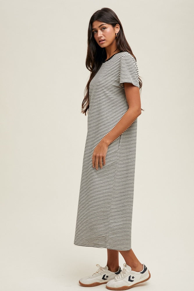 Black Striped Short Sleeve Midi T-Shirt Dress