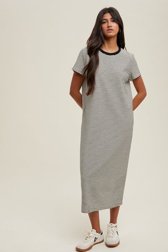 Black Striped Short Sleeve Midi T-Shirt Dress Black Striped Short Sleeve Midi T-Shirt Dress