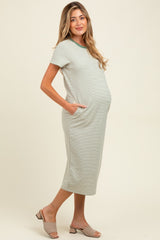 Olive Striped Short Sleeve Maternity Midi T-Shirt Dress