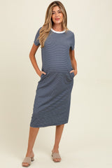 Navy Striped Short Sleeve Maternity Midi T-Shirt Dress