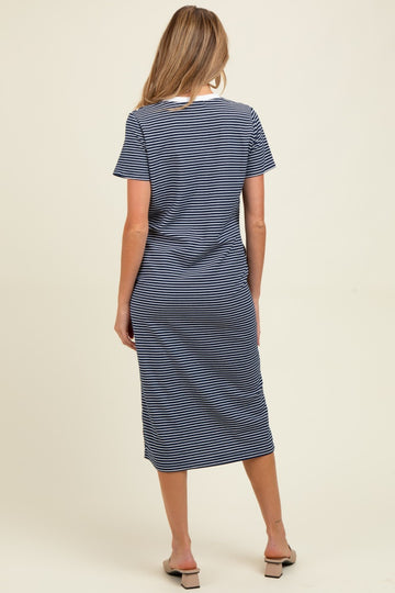 Navy Striped Short Sleeve Maternity Midi T-Shirt Dress