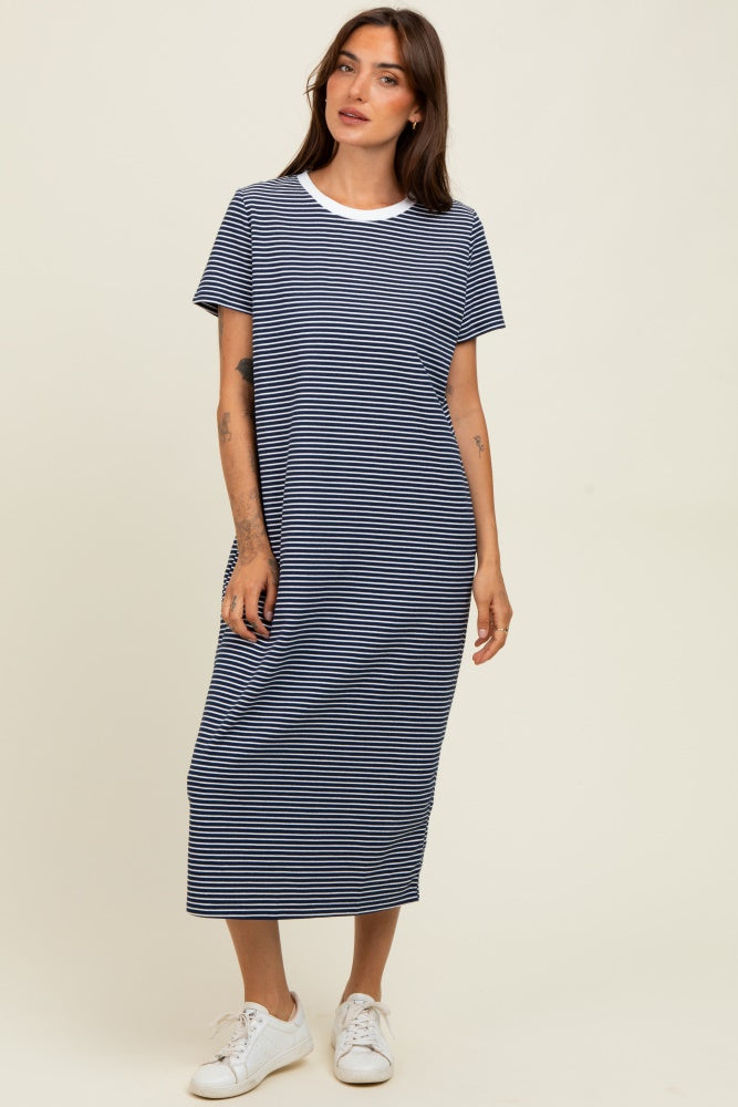 Navy Striped Short Sleeve Midi T-Shirt Dress