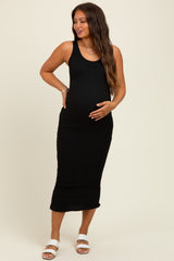 Black Smocked Sleeveless Ruffle Hem Maternity Fitted Dress