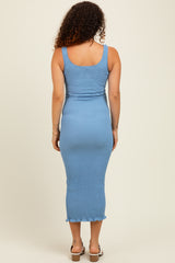 Light Blue Smocked Sleeveless Ruffle Hem Maternity Fitted Dress