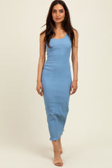 Light Blue Smocked Sleeveless Ruffle Hem Fitted Dress