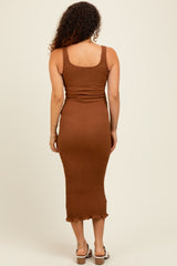 Mocha Smocked Sleeveless Ruffle Hem Maternity Fitted Dress