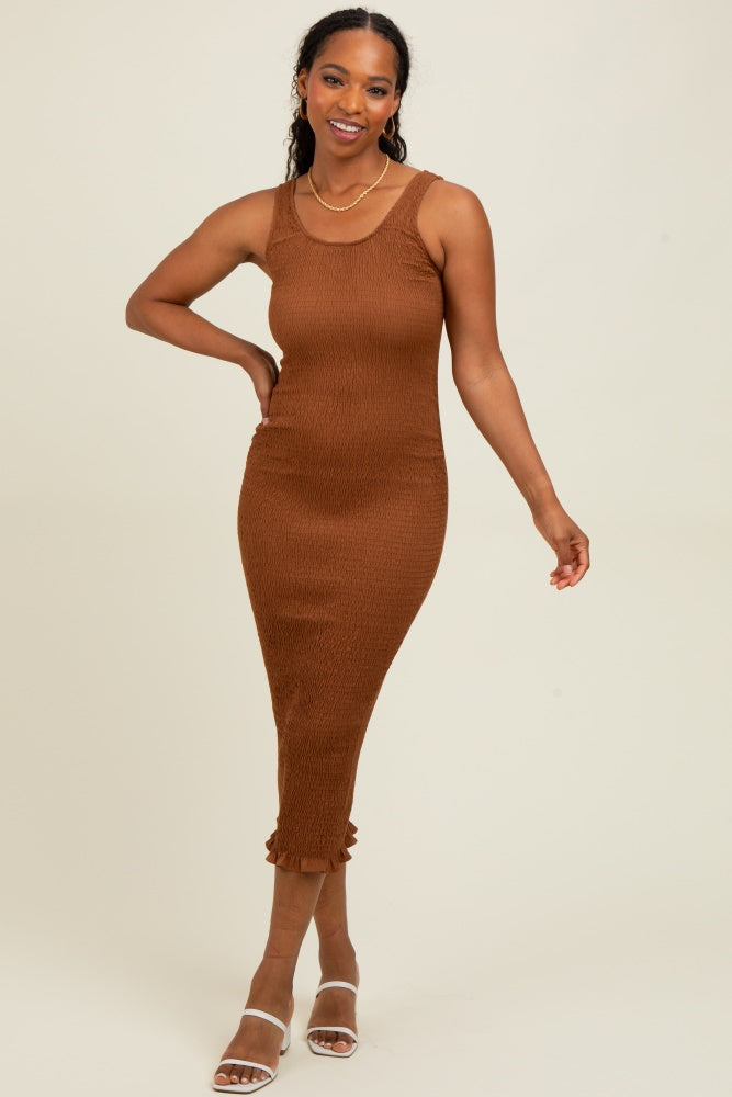 Mocha Smocked Sleeveless Ruffle Hem Fitted Dress