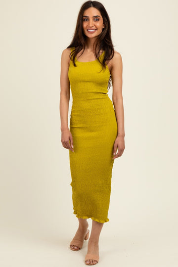 Olive Smocked Sleeveless Ruffle Hem Fitted Dress