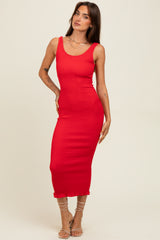 Red Smocked Sleeveless Ruffle Hem Maternity Fitted Dress
