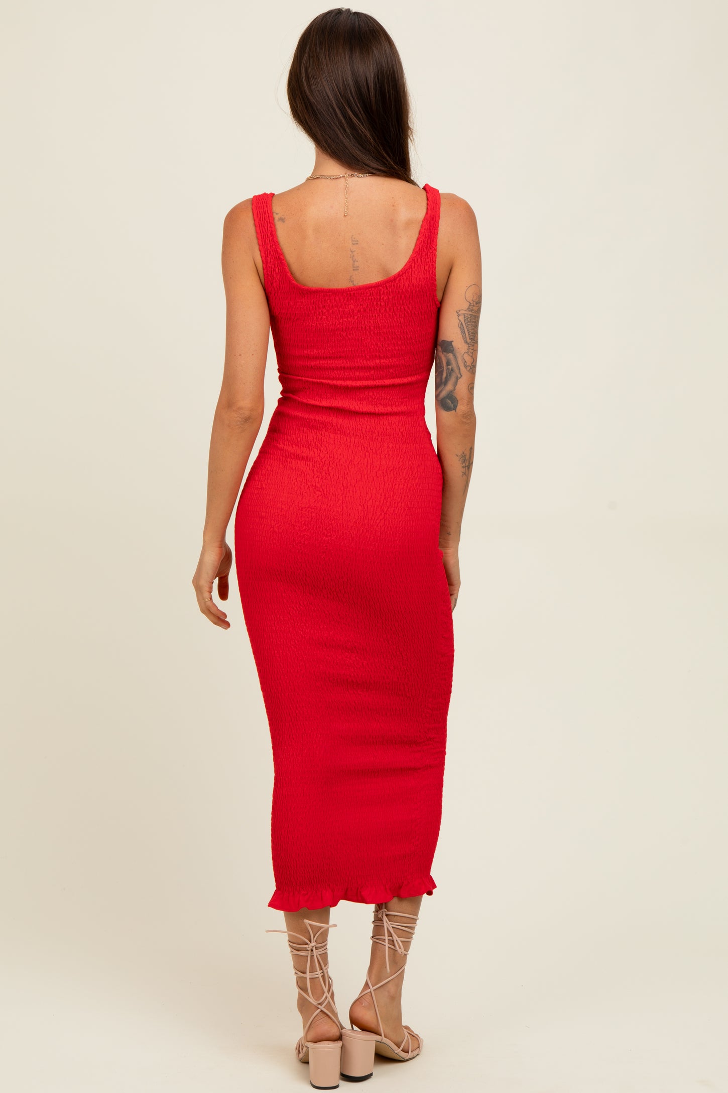Red Smocked Sleeveless Ruffle Hem Fitted Dress