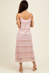 Pink Lace Ruffle Trim Tiered Midi Dress