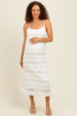 Cream Lace Ruffle Trim Tiered Maternity Midi Dress