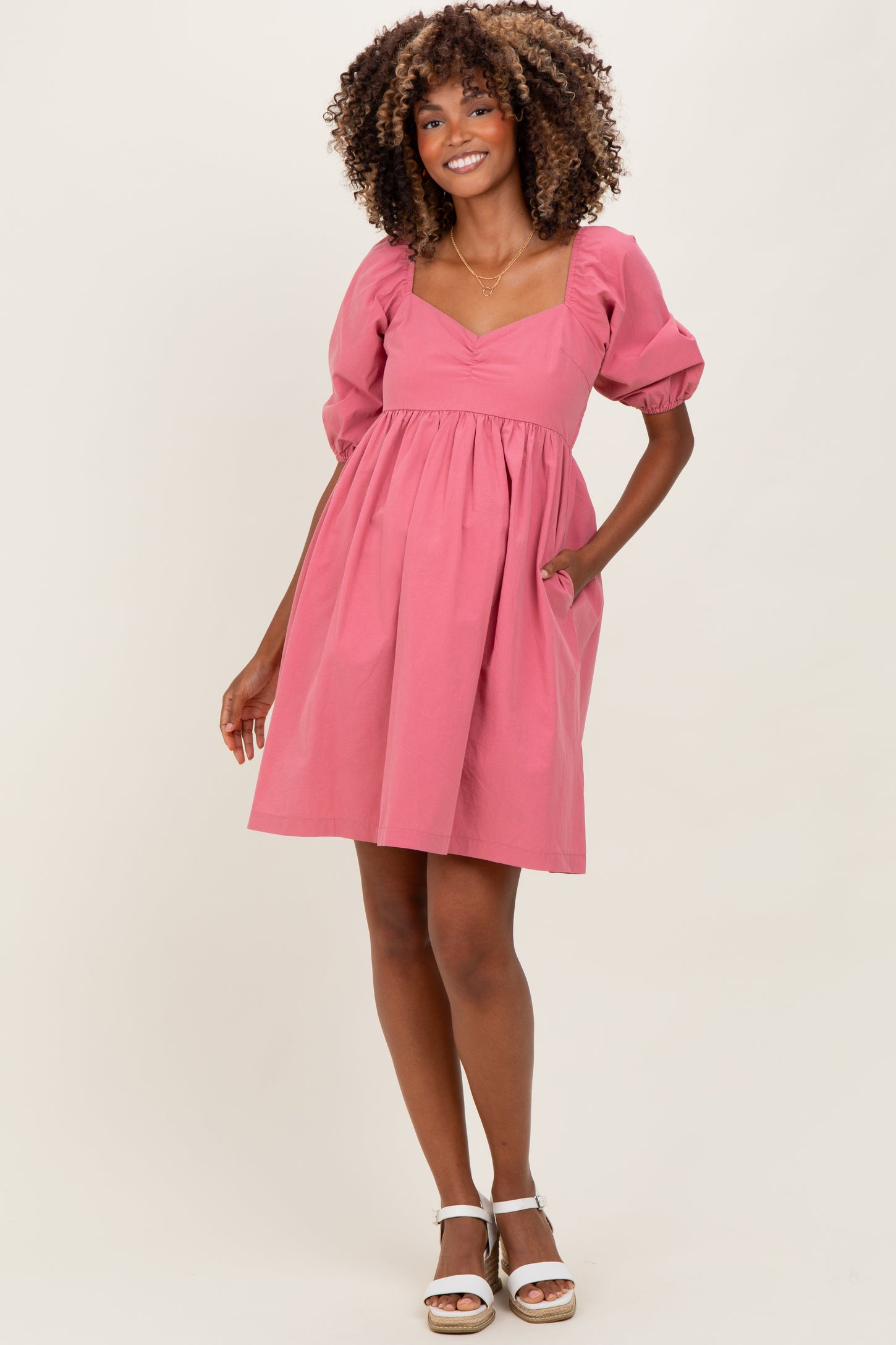 Mauve Sweetheart Neckline Puff Sleeve Maternity Dress