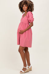 Mauve Sweetheart Neckline Puff Sleeve Maternity Dress