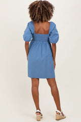 Blue Sweetheart Neckline Puff Sleeve Maternity Dress