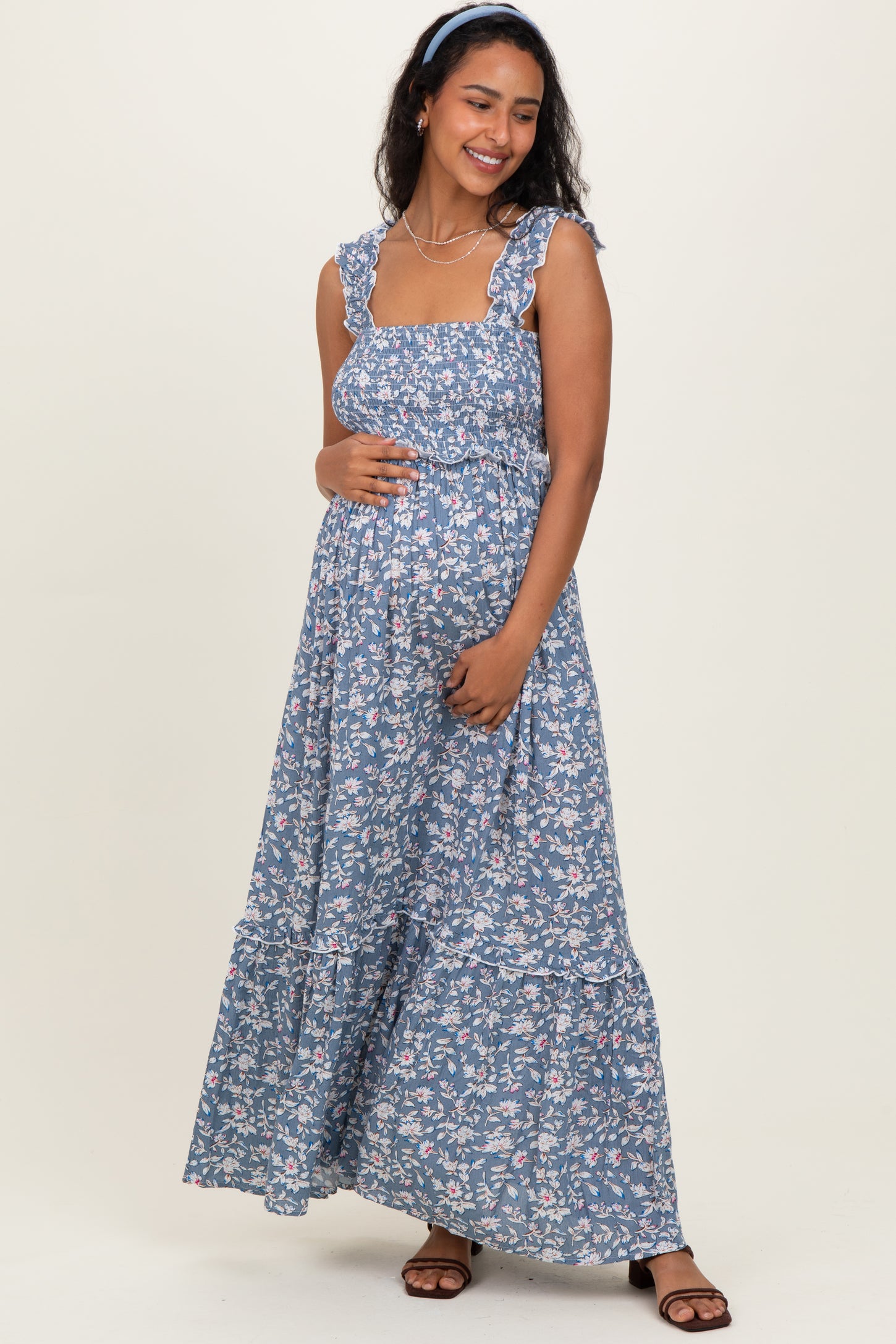 Blue Floral Smocked Ruffle Accent Maternity Maxi Dress