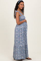 Blue Floral Smocked Ruffle Accent Maternity Maxi Dress