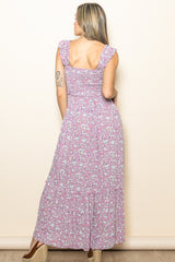 Mauve Floral Smocked Ruffle Accent Maxi Dress