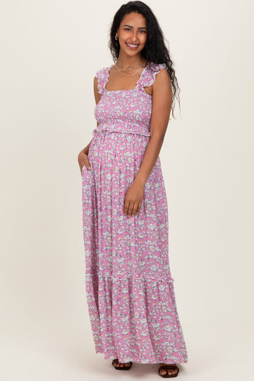 Mauve Floral Smocked Ruffle Accent Maternity Maxi Dress