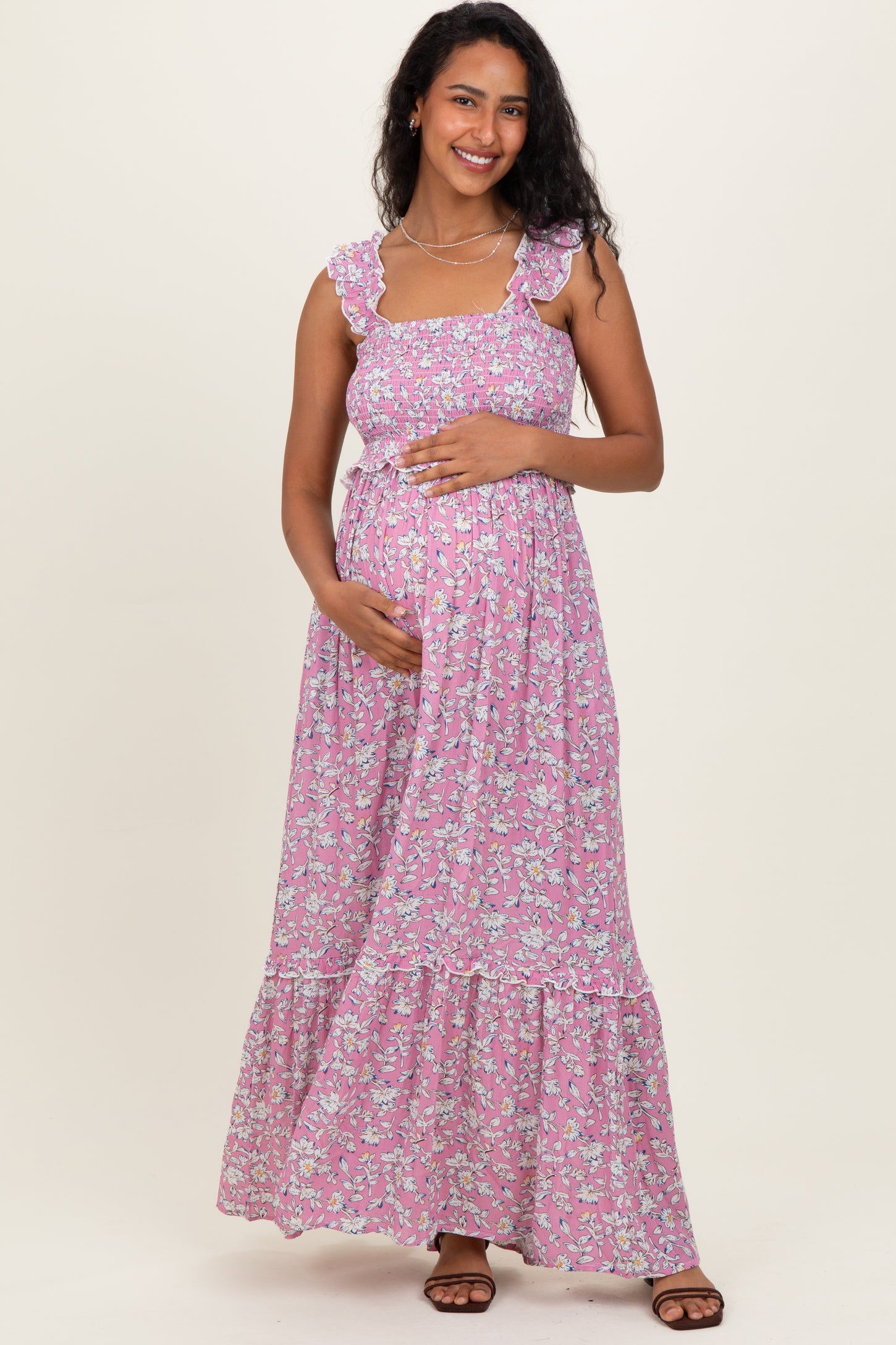 Mauve Floral Smocked Ruffle Accent Maternity Maxi Dress